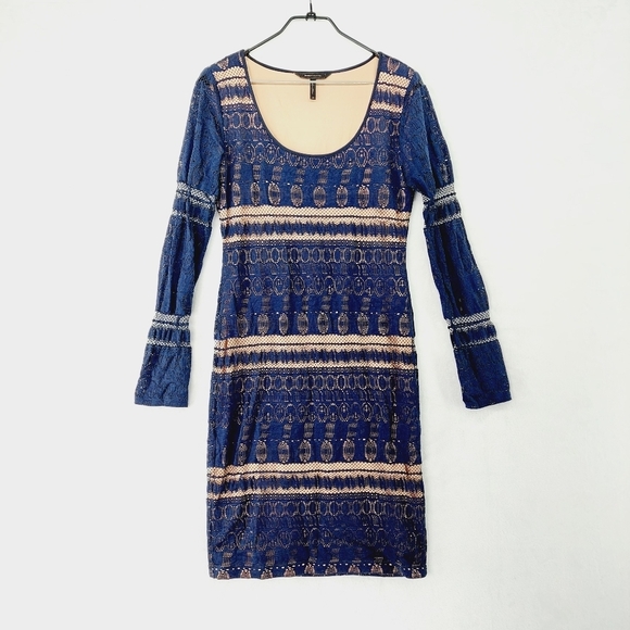 BCBG MaxAzria Dark Blue Lace Long Sleeve Scoop Neck Midi Dress - Picture 1 of 13